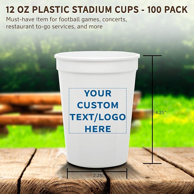 Custom Disposable Plastic Cups 12 oz. Set of 100, Personalized Bulk Pack - Perfect for Summer, Sporting Events, Birthdays, Weddings, Picnic, Beach, Parties - White