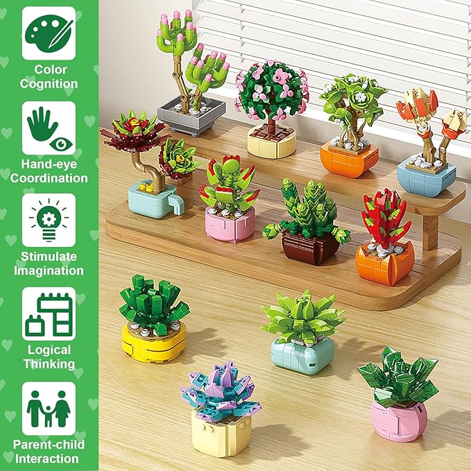 Valentines Day Gifts for Kids - 24 Packs Succulents Building Blocks with Valentines Day Cards for Kids School Boys Girls, Artificial Botanical Toy Exchange Gifts Classroom Prizes Party Favor