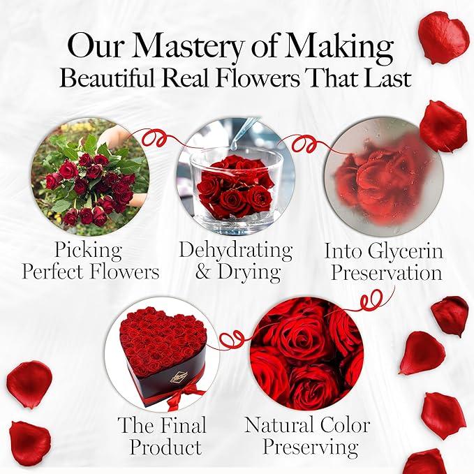 GLAMOUR BOUTIQUE 50 Flower Forever Heart Shape Box, Eternal Preserved Roses Gift for Her, Lasting Flowers, Grand Floral Heart Arrangement for Birthday, Anniversary Valentine’s Day, Red (Color-Treated)