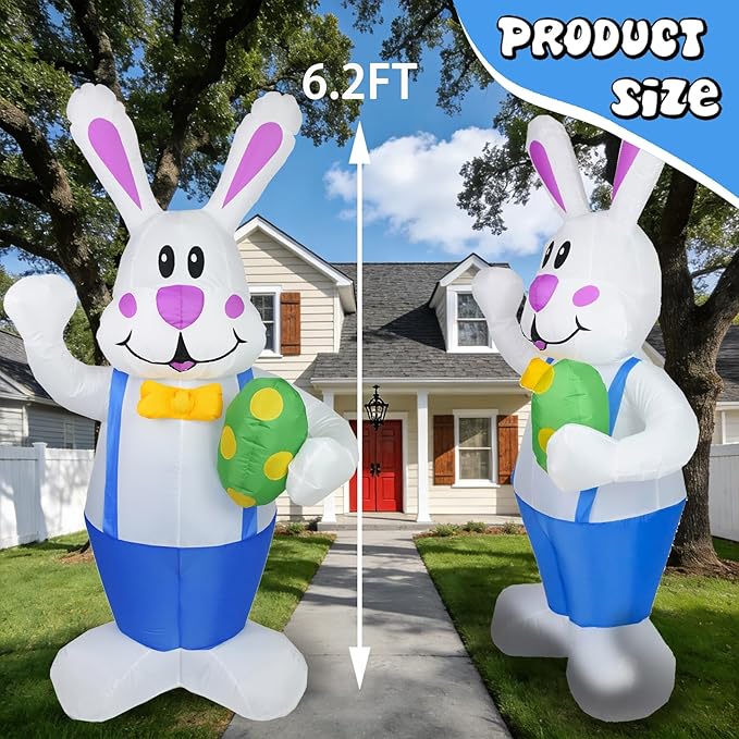 Dearsun 6.2FT Easter Inflatable Bunny Blow up Outdoor Yard Decorations Giant Bunny Holding Easter Egg with LED Lights for Holiday Party Indoor Outdoor Decor