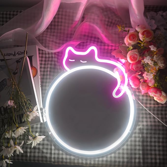 jXIN Cat Neon Signs Mirror 16.53"x13.38" USB Powered with Dimmer LED Cute Neon Light for Wall Room Decor Bedroom Living Room Party Studio Shop Birthday Gifts for Girls