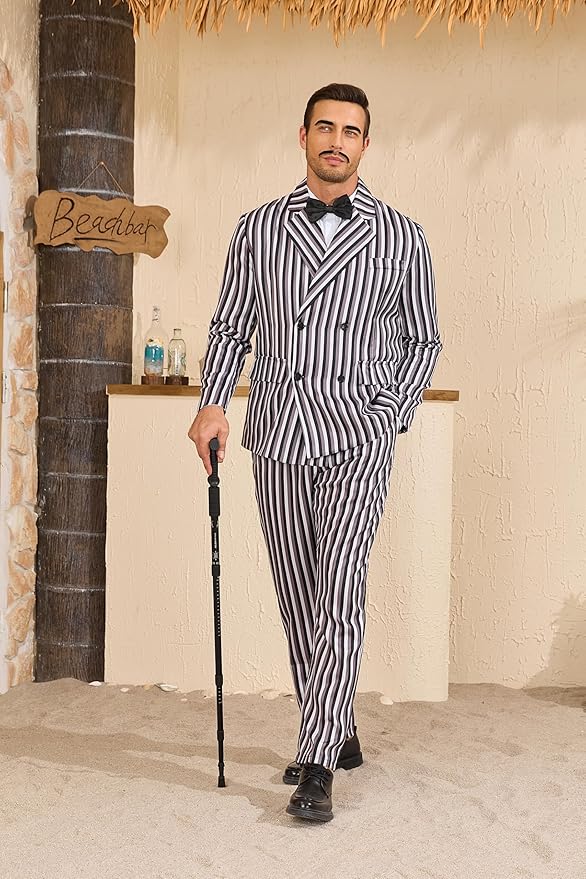 Men's 1920s Gangster Costume Wig Pinstripe Suit Blazer Jacket Shirt Pants Set with Necktie Halloween Cosplay Outfits