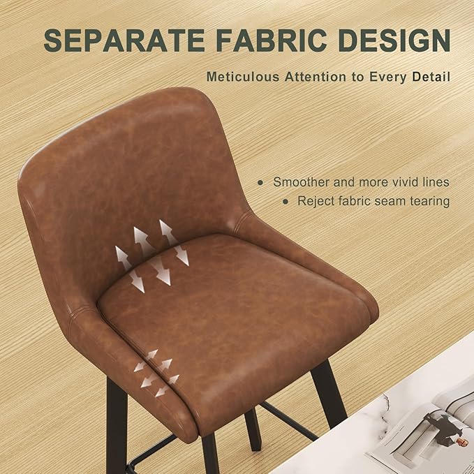 Swivel Bar Stools Set of 3, 29''H Upholstered Barstools with Backs, Modern Counter Height Bar Stool Chairs for Kitchen Island, Metal Legs, Faux Leather, Brown Counter Stools