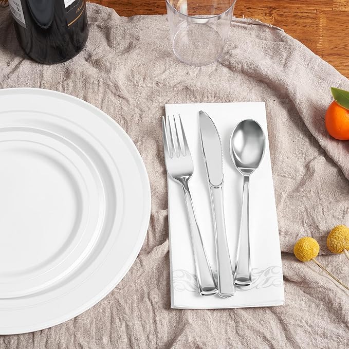 350 Pieces Silver Disposable Plates for 50 Guests, Disposable Plastic Plates for Party, Wedding, Dinnerware Set of 50 Dinner Plate, 50 Salad Plate,50 Cups and 50 Paper Napkins, Silver