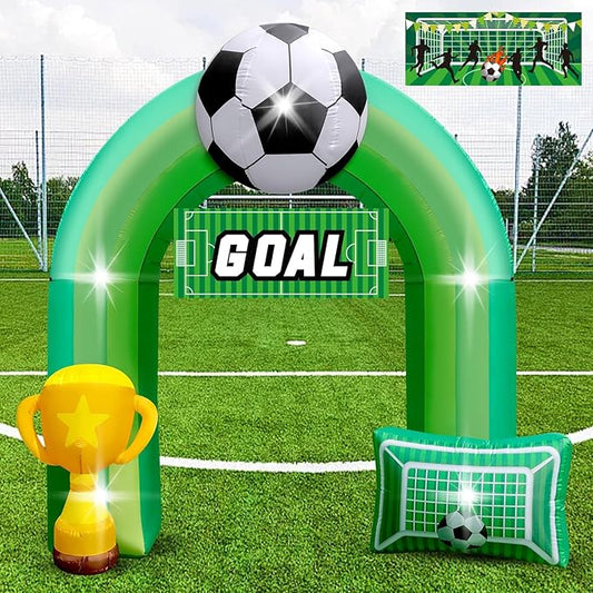 9 FT Giant Soccer Inflatable Arch for Soccer Birthday Party Decoration with “Goal” Banner 1 Blower and 5 LED Light for Soccer Field Club Team Coach Community Competition Outdoor Blow-up Decor