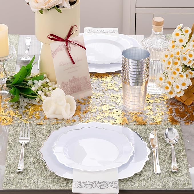 350 PCS Silver Disposable Plates, Scalloped Dinnerware Set for 50 Guests, 100 Plastic Plates, 150 Silverware, 50 Cups & 50 Paper Napkins, Silver