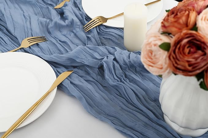 combocube 12 Pack 35x120 Inch 10Ft Cheesecloth Long Table Runner Gauze Rustic Romantic Table Cloth for Wedding Reception Bridal Shower Holiday Birthday Party Table Decorations, Dusty Blue