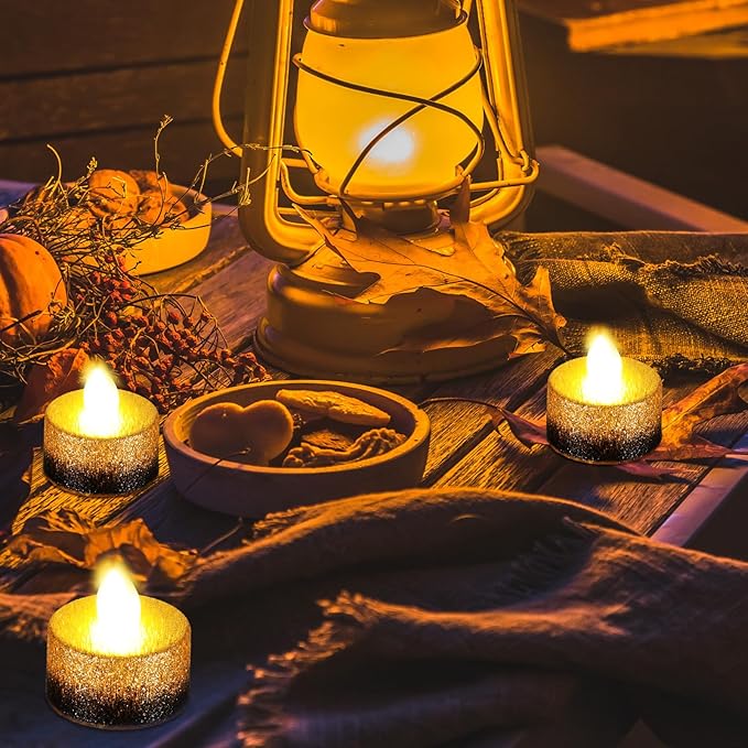 Retisee 48 Pcs Flameless LED Tea Lights Gold Black Glitter Electric Fake Candles for Centerpieces Battery Operated Anniversary Decorations Romantic Winter Decor for Wedding Festival Christmas Birthday