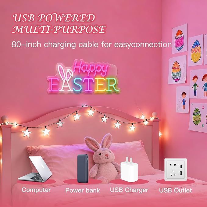 Happy Easter Neon Sign, Dimmable Led Sign Bunny Wall Decor, Easter Decorations for Home Window Living Room Party Spring Décor