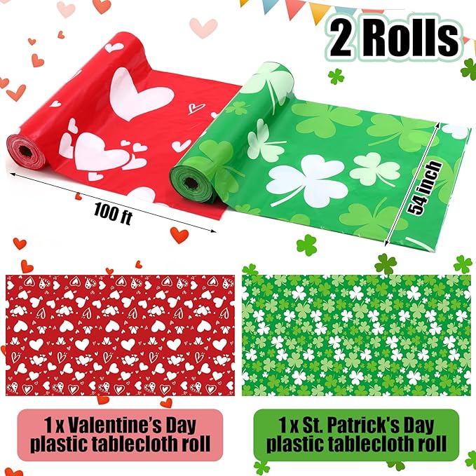 Oudain 54 Inch X 300 Feet Valentine St Patrick Plastic Tablecloth Roll Set, Valentine Day Table Cover Roll Holiday Disposable Tablecloth Rolls Waterproof Table Cover Rolls with Cutter Box for Party