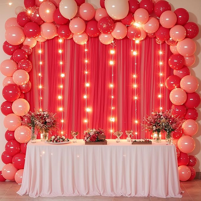 10x10ft Red Tulle Backdrop Curtain with Lights String for Parites, Sheer Photo Backdrop Curtains with Lights for Valentines Wedding Backdrop Ceremony Reception Bridal Baby Shower Birthday Party