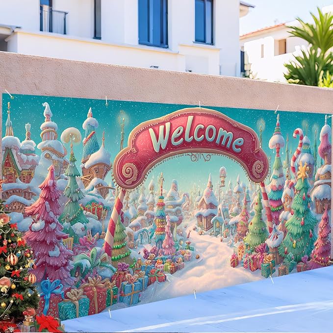 Christmas Welcome Garage Door Banner 7x16FT Candy Village Scene, Xmas Garage Door Cover for Outdoor Decorations & Holiday Parties