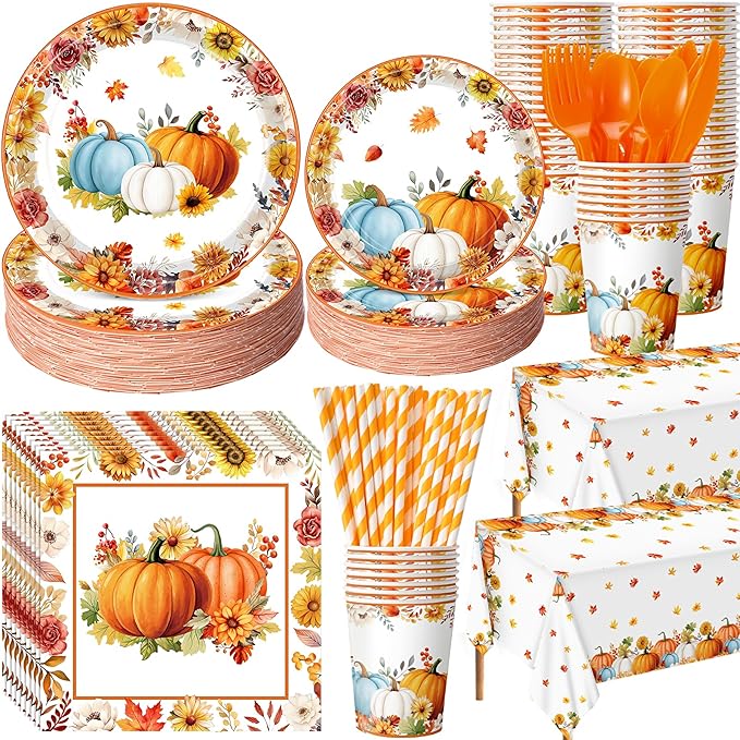 452 Pcs Party Supplies Serve 50 Guests, Paper Plates Napkins Cups Cutlery Plastic Tablecloth Dinnerware for Birthday Wedding Party Decoration(Colored,Pumpkin and Leaf)