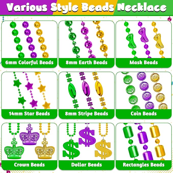 500 Pcs Mardi Gras Beads Necklace Bulk, Purple Gold Green Beads Necklaces Assortment for Carnival Decor, 9 Styles Metallic Mardi Gras Necklaces for Carnival Parade Throws Carnival Costume Party