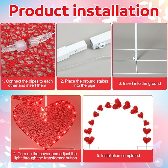 VIHOSE 10ft Valentine's Day Heart Light Arch LED Outdoor Arches Decor with Flasher Modes Love Pathway Markers Lights for Valentine Proposal Wedding Engagement and Birthday Party Yard Lawn Decor