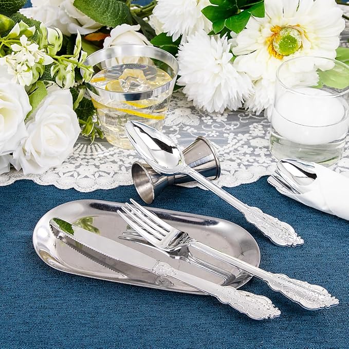 Liacere 175pcs Silver Plastic Plates - White and Silver Disposable - 25guest Baroque Plastic Dinnerware include 50Plates, 25Pack Pre Rolled Napkins with Silverware 25Cups for Christmas ＆ New Year