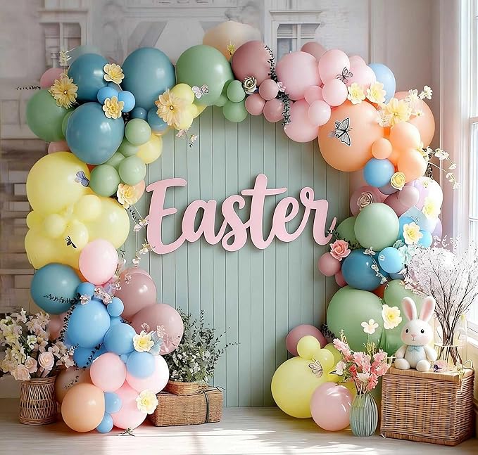 Pastel Balloon Arch Kit with Artificial Flowers, Double Stuffed Light Baby Pink Blue Yellow Green Peach Floral Balloon Garland for Wedding Baby Shower Birthday Fairy Bridal Shower Tea Party Decor