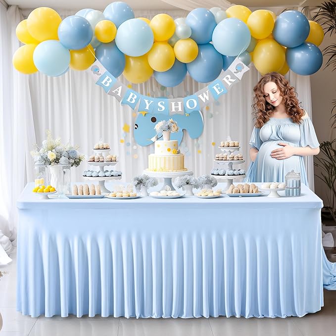 6 Packs Baby Blue Table Clothes for 8 Foot Rectangle Tables, One-Piece Wrinkle Resistant Stretch Spandex Table Covers with Skirt for Event Banquet Wedding Birthday Party