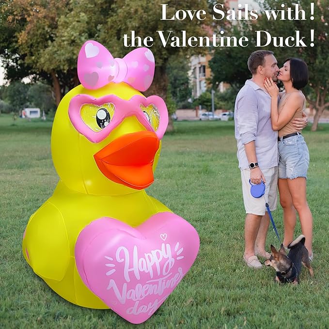 5FT Valentines Day Inflatables Duck with Heart Decoration, LED Blow Up Lighted Decor Indoor Outdoor Holiday Art Decor Romantic Gift for Anniversary Wedding Party