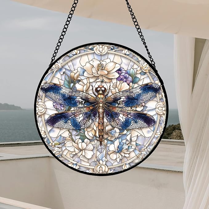 Stained Glass Window Hanging, Dragonfly Flower Suncatcher for Doors Home Sun Catchers Decoration and Christmas, Mother's Day Birthday Gifts for Women, Men, and Mom 14.9x14.9 in