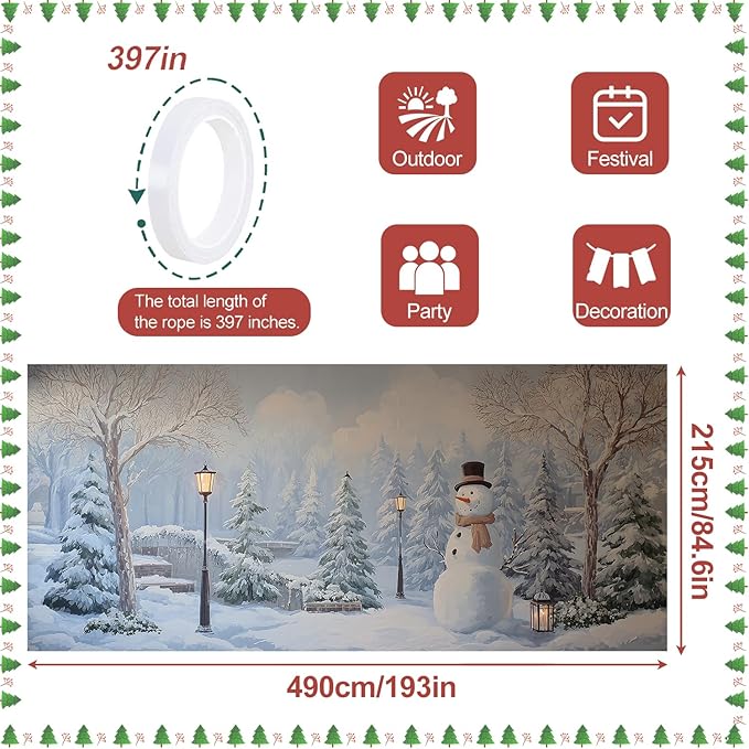 Garage Door Banner 7x16FT, Winter Snow Park & Snowman Garage Door Cover, Large Outdoor Xmas Decoration for Double Garage, Yard, Fence & Holiday Parties