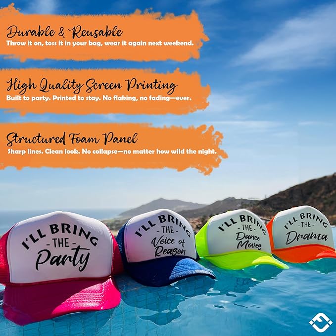 Funky Junque Women's Funny Trucker Hats: Adult Humor for Bachelorette & Girls Trips, Groups 3-25, Mesh Hat - I'll Bring The's