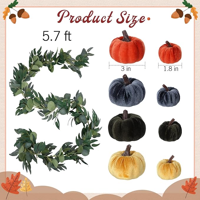 2 Pcs Artificial Maple Leaf Rattan Garland 24 Harvest Velvet Foam Fabric Pumpkins Decorative for Home Farmhouse Fireplace(Colorful)