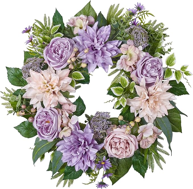 24 Inch Spring Wreath for Front Door with Roses Dahlias Silk Flowers with Berry Greenery for All Seasons Indoor Outdoor Porch Wedding Wall Farmhouse Porch Wall Living Room Home Widding Decor