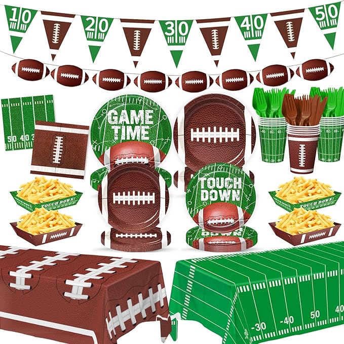 Football Party Decorations for 24 Guests - Football Party Supplies Kit with Plates, Napkins, Cutlery, Food Trays, Banner, Tablecloths for Tailgate & Birthday Party