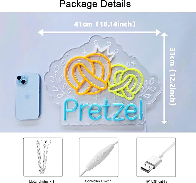 Pretzel Neon Sign, Neon Lights Hanging Wall Art Decoration for Bakery Café German Restaurant Snack Bar Pastry Shop Home Decor, USB Powered Ultra Bright Dimmable, 16.14×12.2inches