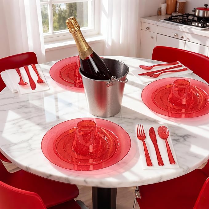 DaYammi 350 Pieces Red Glitter Dinnerware Set 50 Guest for Party- 50 Dinner Plates, 50 Dessert Plates -50 Per Rolled Napkins with Red Cutlery - 50 Disposable Cups 9 OZ