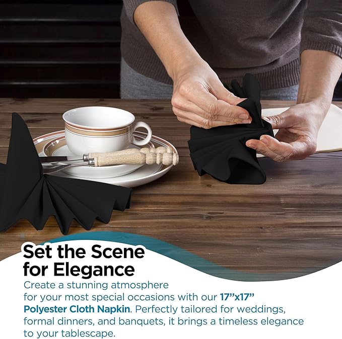 Polyester Cloth Napkins - Washable Soft Table Linens - Durable & Elegant for Dining, Restaurants, Weddings, Events, Rentals, Banquets, & Parties - Premium Quality Set of 150, Black, 17"x17"