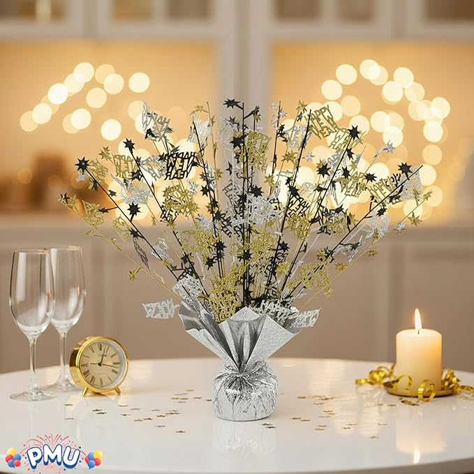 PMU 12Pc New Year's Eve Bursting Centerpiece for Table Decor, Table Balloon Weights| for Theme Party Decorations Supplies Silver |15in