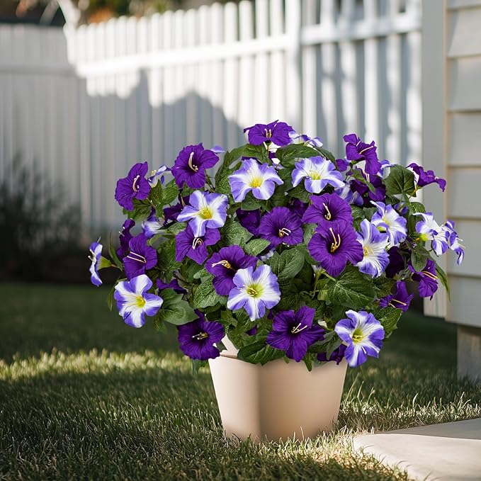 19 Inch Artificial Fake Flowers for Outdoor,4 Pcs Faux Silk Petunias Spring Flowers for Outside for Indoor Porch Planter Front Door Garden Patio Window Box Home Decor(Double Purple)