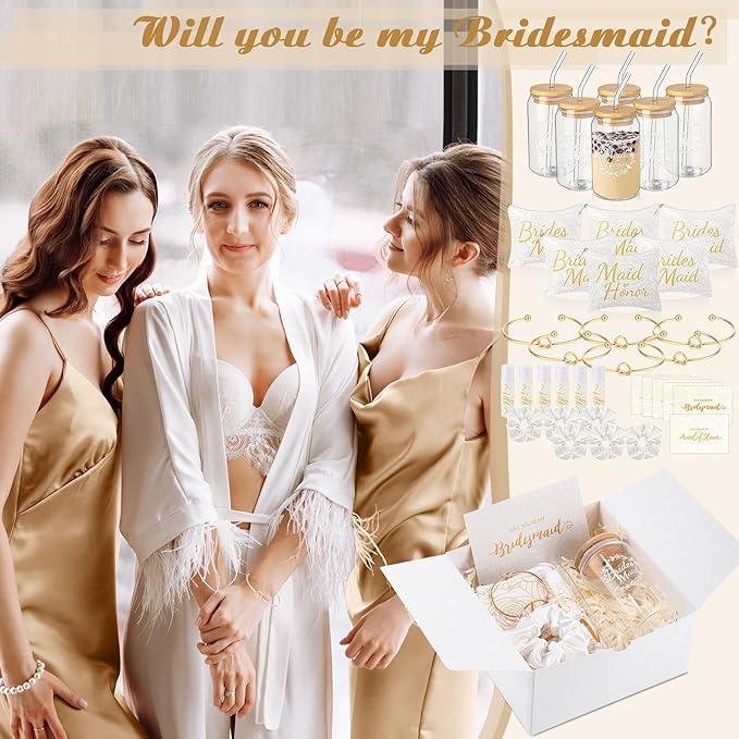 54 Pcs Bridesmaid Proposal Gifts, Maid of Honor Gift Include Wedding Gift Box Makeup Bag Invited Card Glass Cup Lip Balm Scrunchie Bracelet for Bridal Shower Bachelorette Party(White)