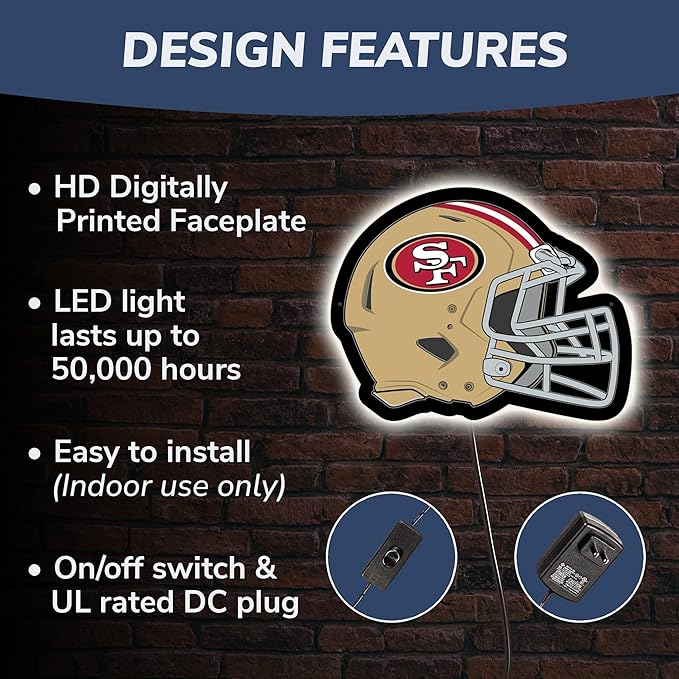 Team Sports America Evergreen NFL San Francisco 49ers Ultra-Thin LED Light Wall Sign Decor | Full Size Replica Helmet | 19.5 x 15 Inches | Made in the USA