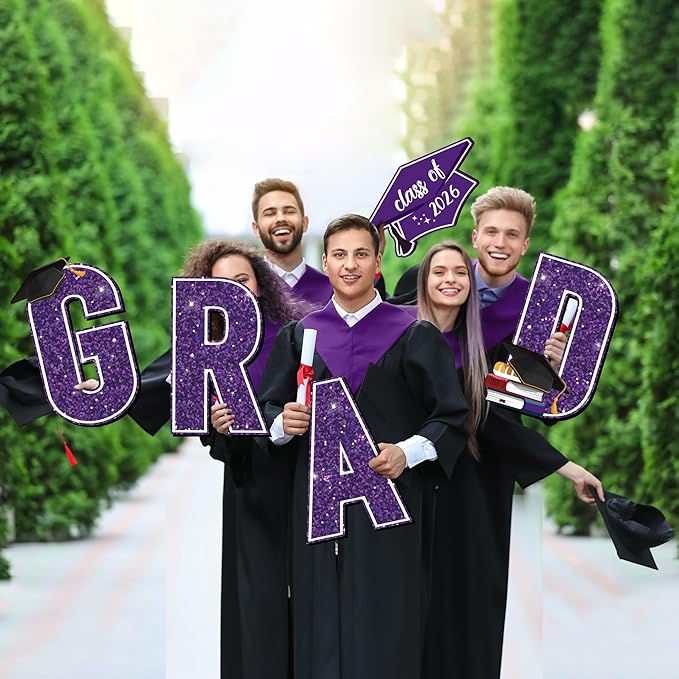 Aneco Waterproof 2026 Grad Yard Signs Plastic Graduation Yard Signs Party Outdoor Lawn Decorations 16 Inches Glitter Congrats Grad Lawn Sign with Stakes for Outdoor Party Garden Decor (Purple)