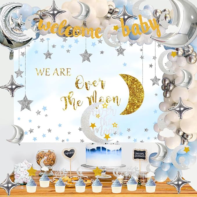 154 PCs Over The Moon Baby Shower Decorations, Fiesec We Are Over The Moon Baby Shower Decorations Backdrop Balloon Garland Glitter Banner Cake Cupcake Topper Boxes Cutout Starry Night Galaxy Sliver