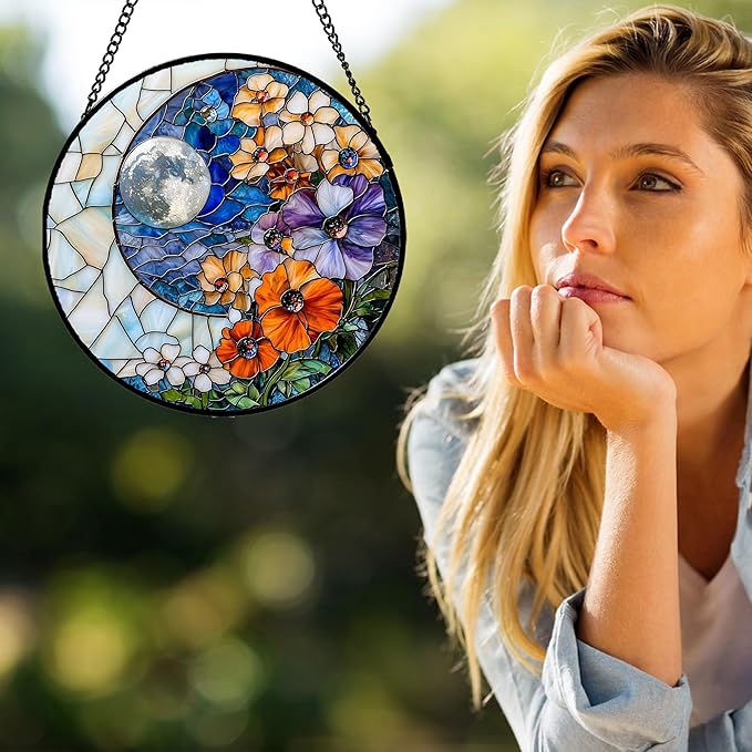 Stained Glass Window Hanging - Blue White Moon Suncatcher for Door Terrace Garden Home Decor Colorful Flowers Sun Catcher Birthday Gifts for Lovers Women Men Dad Mom Nana 15 in
