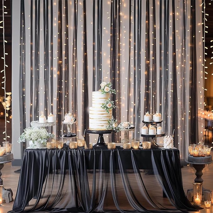 10x10ft Black Tulle Backdrop Curtain with Lights String for Parites, Sheer Photo Backdrop Curtains with Lights for Wedding Backdrop Ceremony Reception Bridal Shower Baby Shower Birthday Party