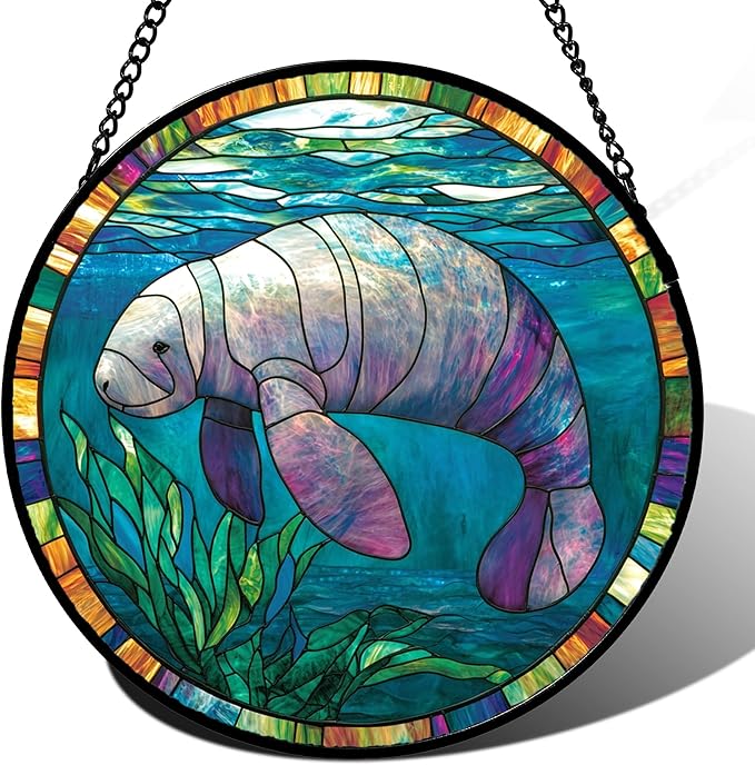 Stained Glass Window Hanging Blue Ocean Seaweed Manatee 9.8" - Suncatcher Door Garden Sunroom Sun Catcher Home Decor Birthday Christmas for Mom Men Woman Nana