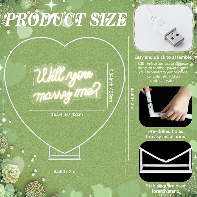 Proposal Decorations Kit Will You Marry Me LED Neon Light Metal Heart Stand Carpet 2000 Rose Petals 30 Artificial Roses for Proposal Wedding Bridal Valentine Engagement Birthday Party (White)
