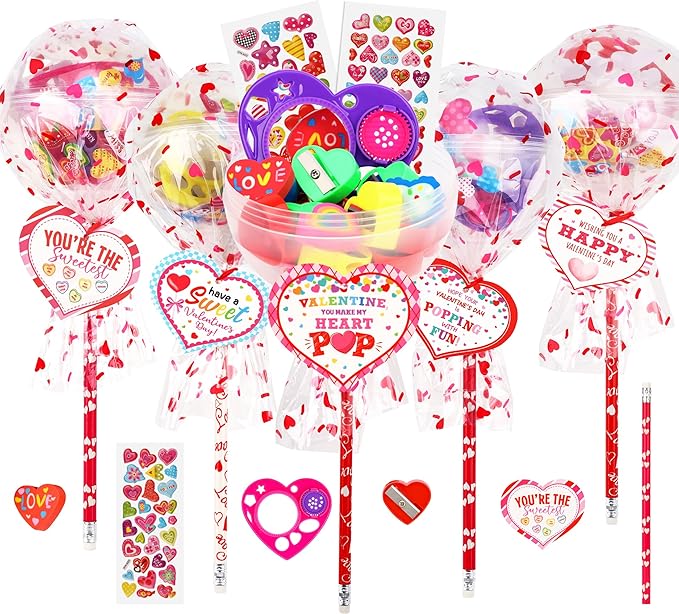 POPGIFTU Valentine Classroom Exchange Gifts for Kids – 28 Pack Lollipop-Shaped Stationery with Cards, Pencils, Erasers, Rulers & Stickers for Boys and Girls, Party Favors for School