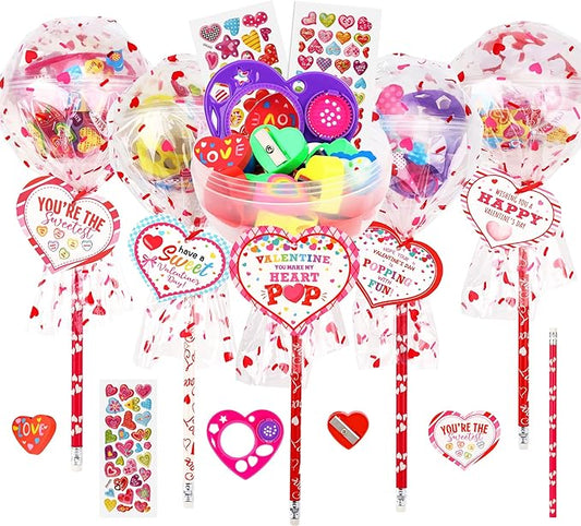 POPGIFTU Valentine Classroom Exchange Gifts for Kids – 28 Pack Lollipop-Shaped Stationery with Cards, Pencils, Erasers, Rulers & Stickers for Boys and Girls, Party Favors for School