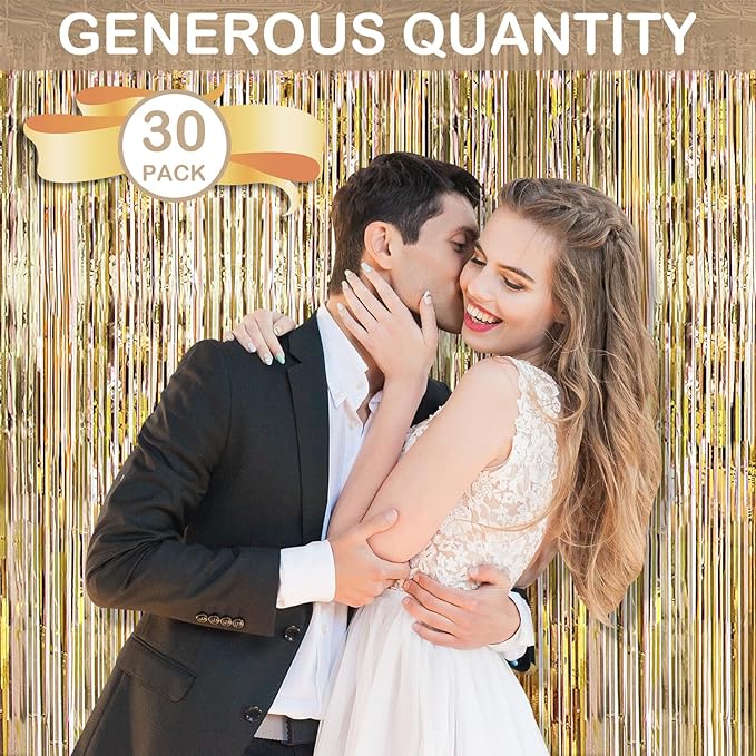 30 Pack Champagne Gold Foil Fringe Curtain Backdrop, 3.3x8.2 Feet Metallic Tinsel Streamer Curtains Photo Booth Props for Engagement/Wedding/Bridal Shower/New Year/Valentine's Day Party Decorations