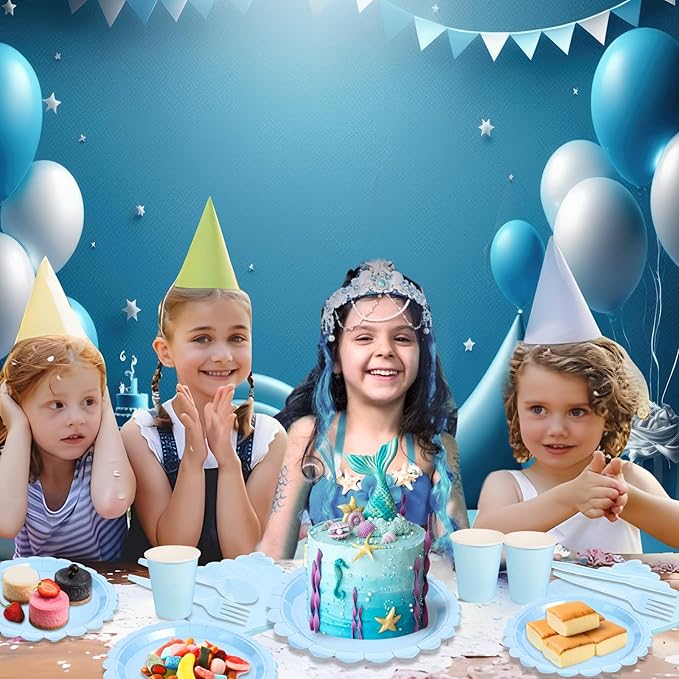 350 Pcs Light Blue Paper Plates and Napkins, Boy Baby Shower Decorations Include Baby Blue Scalloped Plates Napkins Cups Plastic Spoons Forks Knives for Bridal Shower,Wedding,Birthday