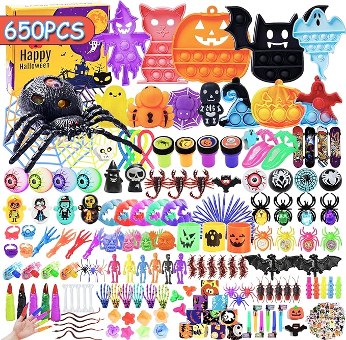 650Pcs Halloween Party Favors for Kids, Bulk Fidget Toys for Party Supplies, Halloween Treats Non Candy School Classroom Carnival Prizes, Treasure Box Toy Chest, Halloween Gifts, Goodie Bag Stuffers