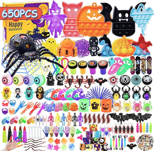 650Pcs Halloween Party Favors for Kids, Bulk Fidget Toys for Party Supplies, Halloween Treats Non Candy School Classroom Carnival Prizes, Treasure Box Toy Chest, Halloween Gifts, Goodie Bag Stuffers