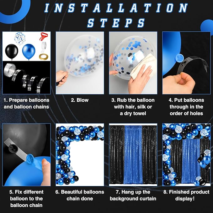 137 Pcs Blue Black Party Backdrop Kits - 4 Sequin Curtains Backdrop 133 Balloon Arch Kit, Glitter Photo Background for Birthday Christmas New Year Eve Wedding Anniversary Baby Shower