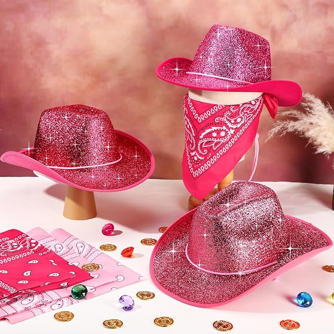 Coume 12 Pcs Sparkly Adults Cowboy Hat and Bandanas Women Men Western Glitter Cowgirl Party Hats with Adjustable Drawstring